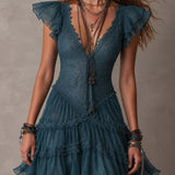 Robe Mini à Volants en Dentelle Bleue Rétro et Mousseline