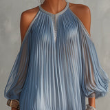 Robe Mini Froncée Bleue à Épaules Dénudées et Ourlet en Dentelle