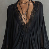 Robe Courte en Mousseline Noire avec Col en Dentelle