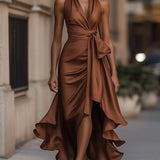 Satin Drapé Robe à la Taille