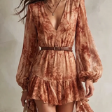 Robe Mini à Manches Longues avec Décolleté en V et Imprimé Floral en Terre Cuite