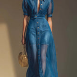 Sarah | Robe longue organza, détails denim