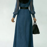 Sina | robe denim maxi, manches patchwork-organza