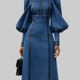 Nela | Robe patchwork contrastée manches lanternes