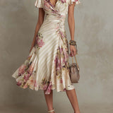 Alba - Élégante robe midi en satin floral rétro