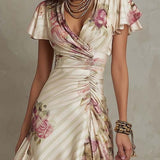 Alba - Élégante robe midi en satin floral rétro