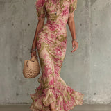 Fiora - Robe longue à imprimé vintage de roses avec manches bouffantes