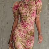 Fiora - Robe longue à imprimé vintage de roses avec manches bouffantes