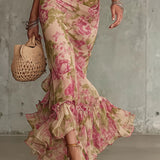 Fiora - Robe longue à imprimé vintage de roses avec manches bouffantes