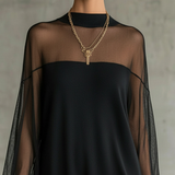 Robe Courte Noire avec Manches en Résille Transparente et Col Montant