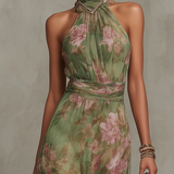 Serena - Robe longue verte à fleurs en chiffon avec décolleté halter