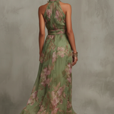 Serena - Robe longue verte à fleurs en chiffon avec décolleté halter