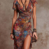 Martina - Robe midi plissée à décolleté en V, motif d'art abstrait dans un style bohémien
