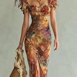 Viola | Robe longue en chiffon orange avec impression à l'huile bohémienne