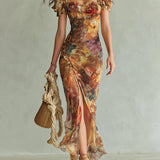 Viola | Robe longue en chiffon orange avec impression à l'huile bohémienne