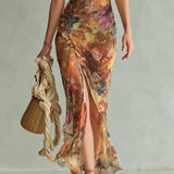 Viola | Robe longue en chiffon orange avec impression à l'huile bohémienne