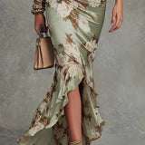 Robe longue asymétrique en satin vert avec décolleté en V, manches évasées froncées et motif floral