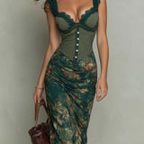 Giorgia - Robe longue à rayures florales avec bordure en dentelle rétro