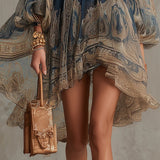 Robe Mini Asymétrique avec Imprimé Baroque Bleu Marine et Col Haut