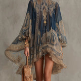 Robe Mini Asymétrique avec Imprimé Baroque Bleu Marine et Col Haut