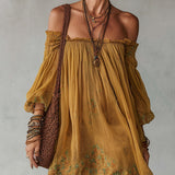 Robe Mini Jaune en Mousseline Florale Épaules Dénudées