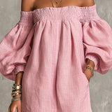 Robe Courte A-Line Ample avec Manches Lanternes et Épaules Dénudées Rose