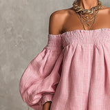Robe Courte A-Line Ample avec Manches Lanternes et Épaules Dénudées Rose