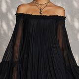 Robe Courte Noire avec Manches Évasées et Volants
