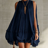 Robe Mini à Volants en Mousseline avec Col Halter Bleu Marine