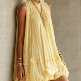 Robe Mini à Volants en Mousseline Jaune avec Décolleté Halter