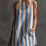 Robe Mini Sans Manches Rayée avec Col Rond