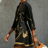 Robe Mini à Col V Imprimée Noir Or