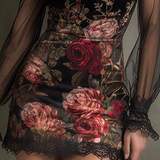 Robe Mini en Tulle avec Imprimé de Roses et Dentelle