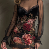 Robe Mini en Tulle avec Imprimé de Roses et Dentelle