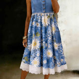 Garance | Robe midi jean dentelle fleurie