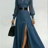 Sina | robe denim maxi, manches patchwork-organza