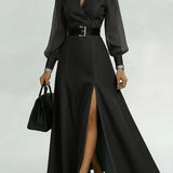 Sina | robe denim maxi, manches patchwork-organza